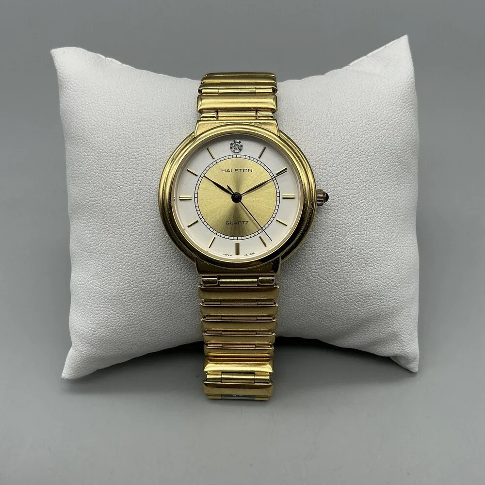 Vintage Halston Womens Watch 32mm Gold Tone White Dial Bracelet New Battery 8.5